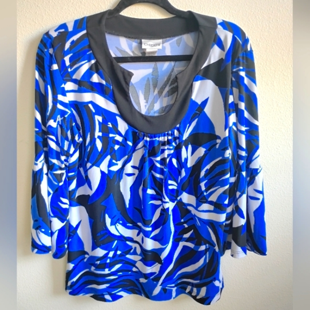 Chico's Blue Abstract Print Scoop Neck 3/4 Sleeve Top Women’s Size 2